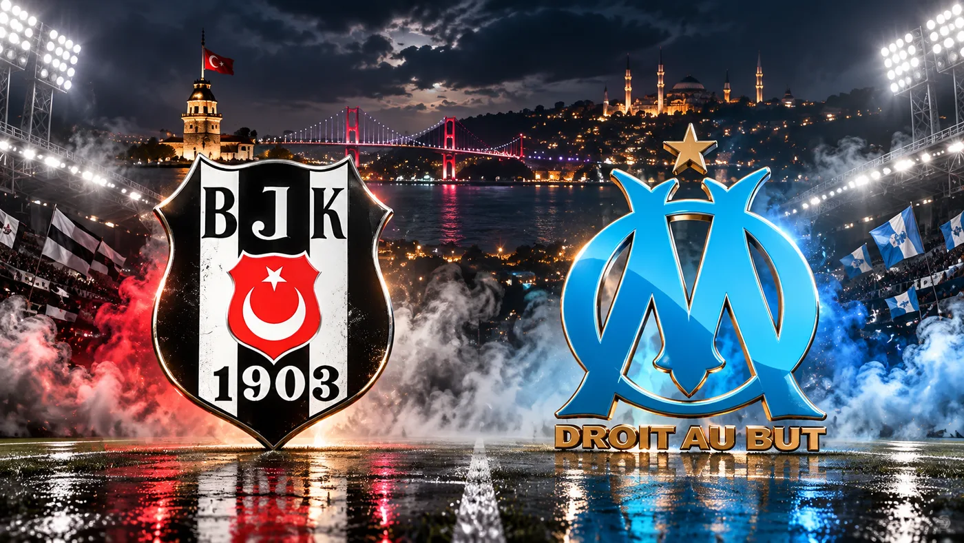Grbovi Besiktasa i Marseillea na dramatičnoj istanbulskoj stadionskoj pozadini