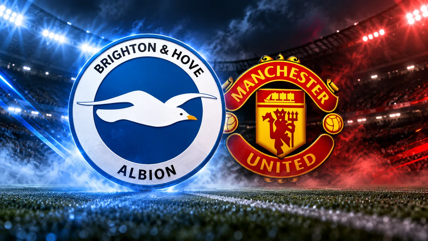 Grbovi Brighton & Hove Albiona i Manchester Uniteda na plavo-crvenoj stadionskoj pozadini