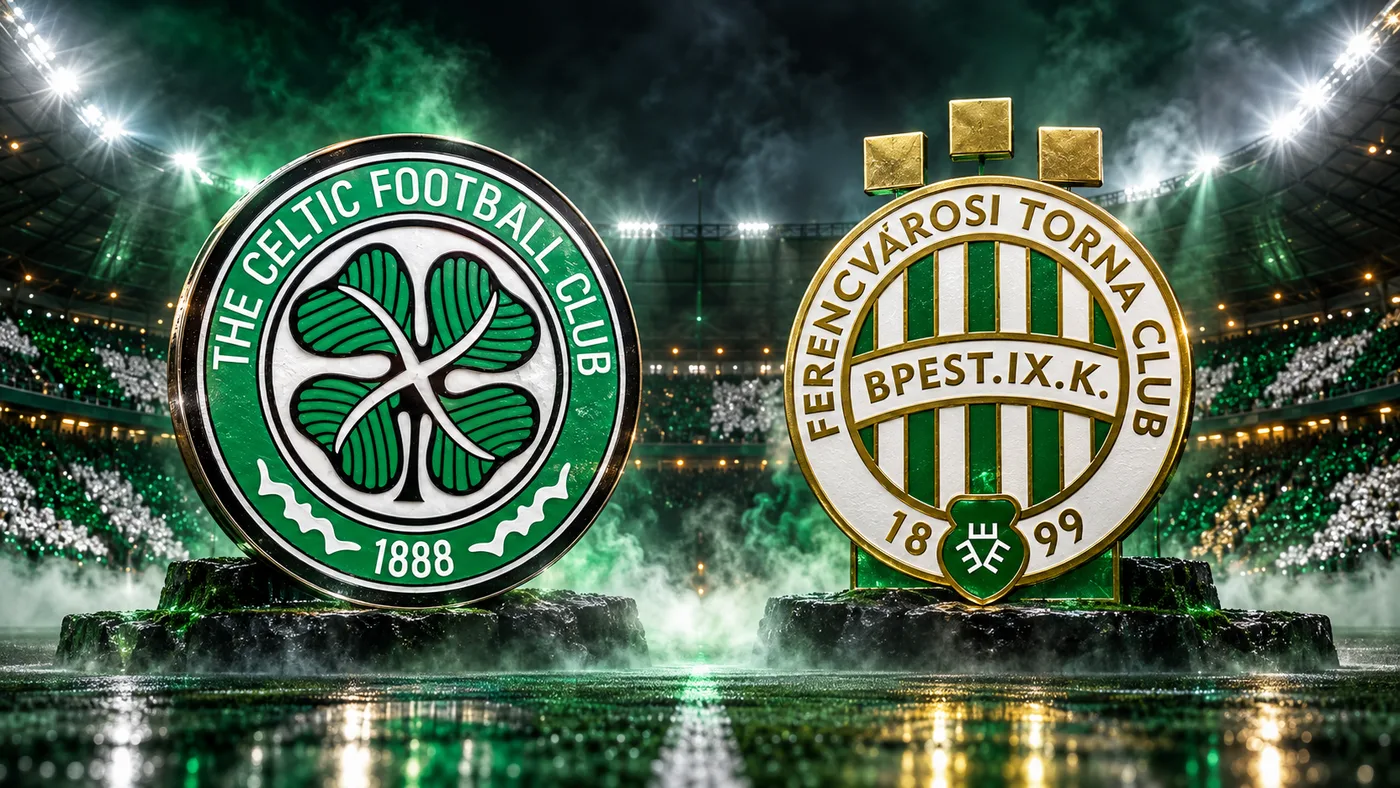 Grbovi Celtica i Ferencvarosa na zelenoj europskoj stadionskoj pozadini