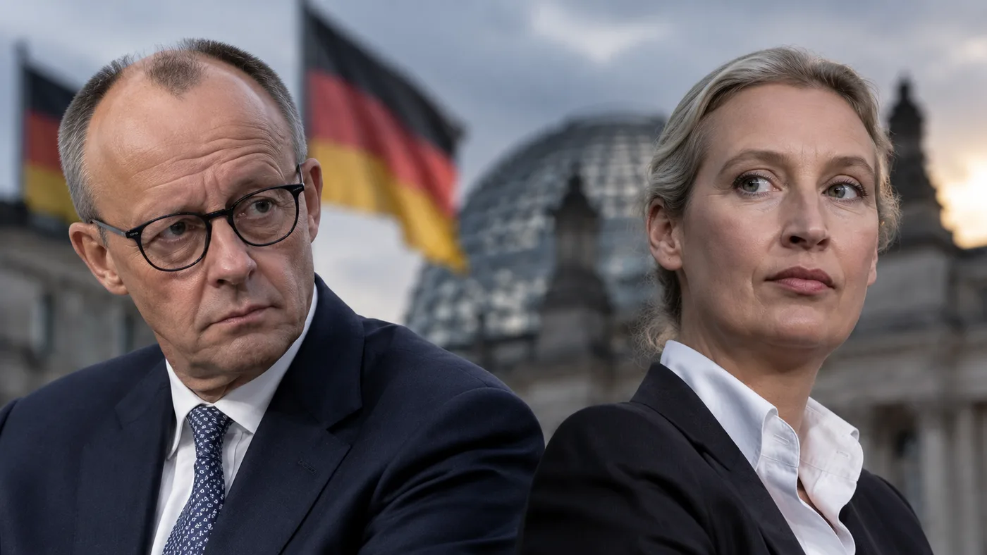 Friedrich Merz i Alice Weidel ispred njemačkih zastava i Reichstaga