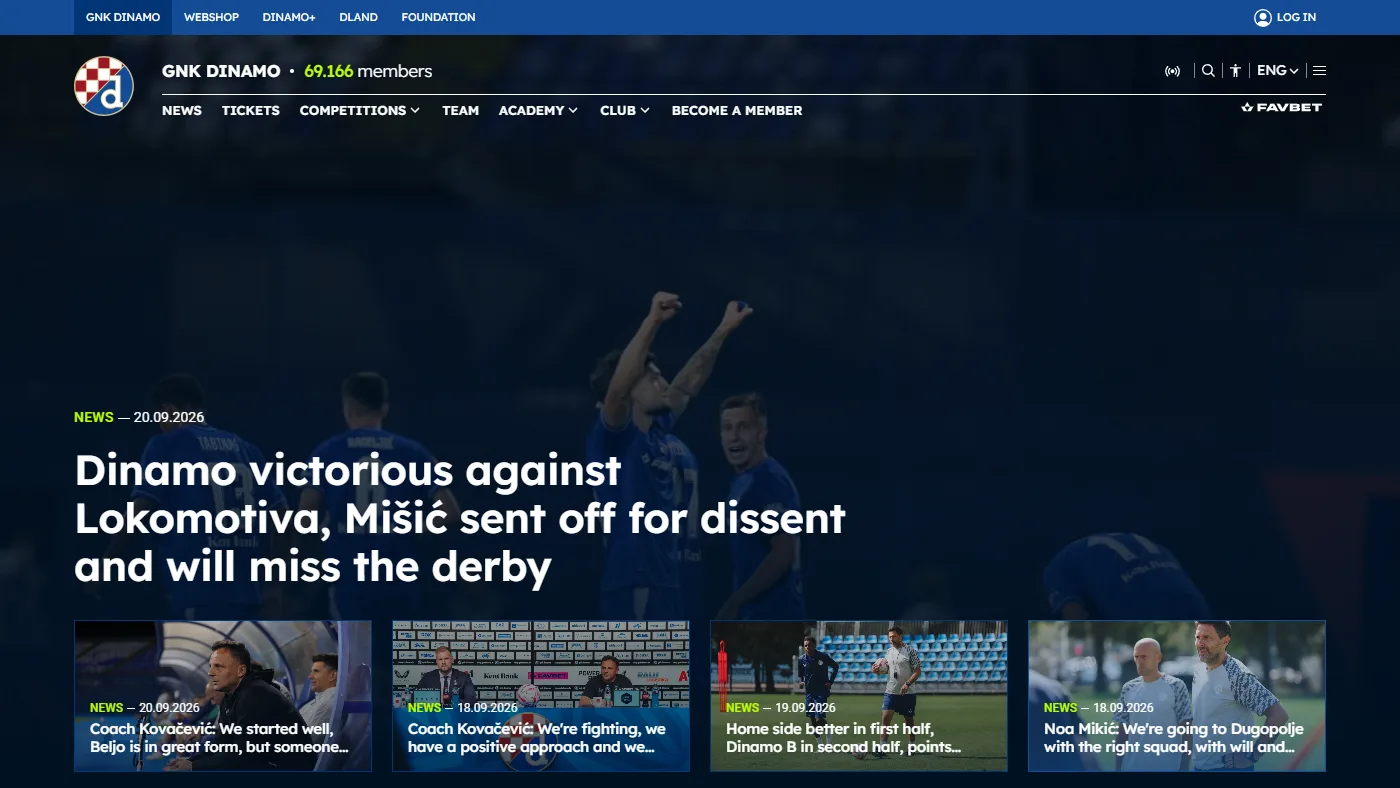 Screenshot službene stranice GNK Dinamo s naslovom o pobjedi protiv Lokomotive i Mišićevu isključenju