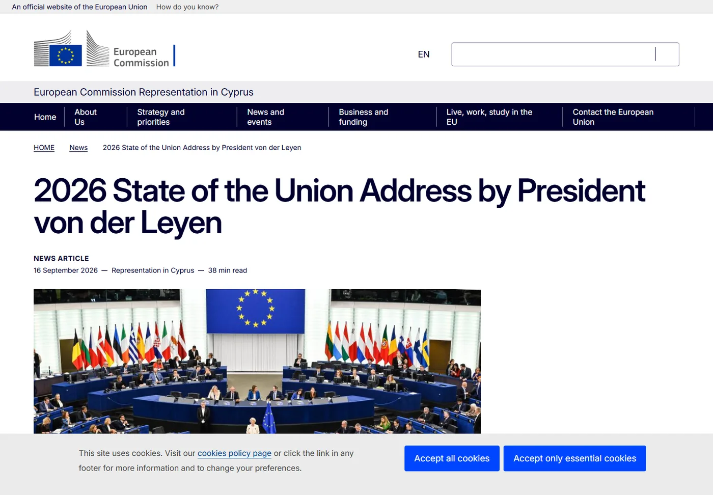 Snimka objave Europske komisije o govoru Ursule von der Leyen o stanju Unije 2026.