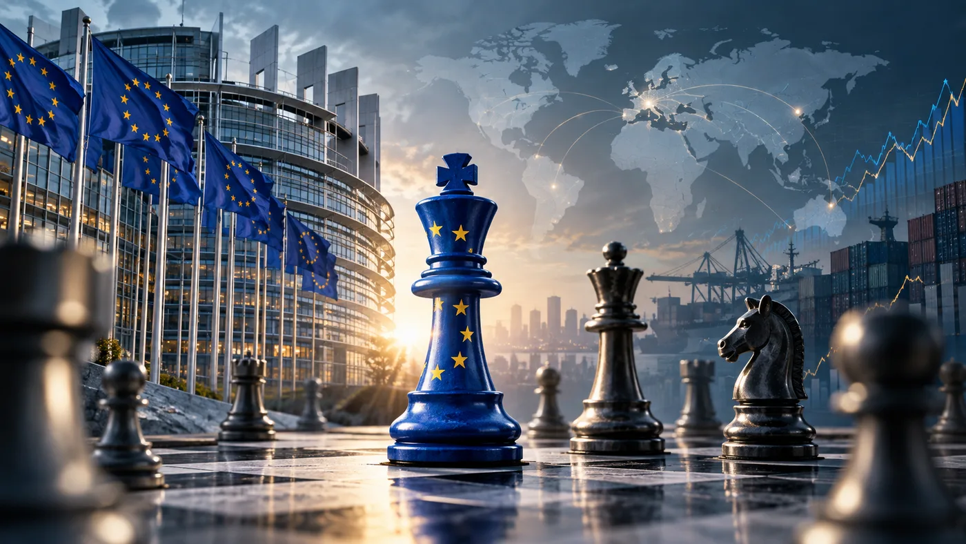 Zastave Europske unije i šahovske figure uz kartu svjetskih gospodarskih tokova