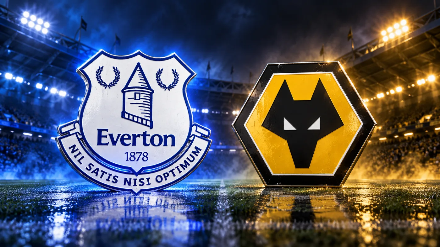 Grbovi Evertona i Wolverhampton Wanderersa na plavo-zlatnoj stadionskoj pozadini