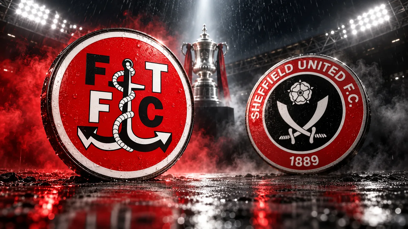 Grbovi Fleetwood Towna i Sheffield Uniteda na crveno-crnoj stadionskoj pozadini