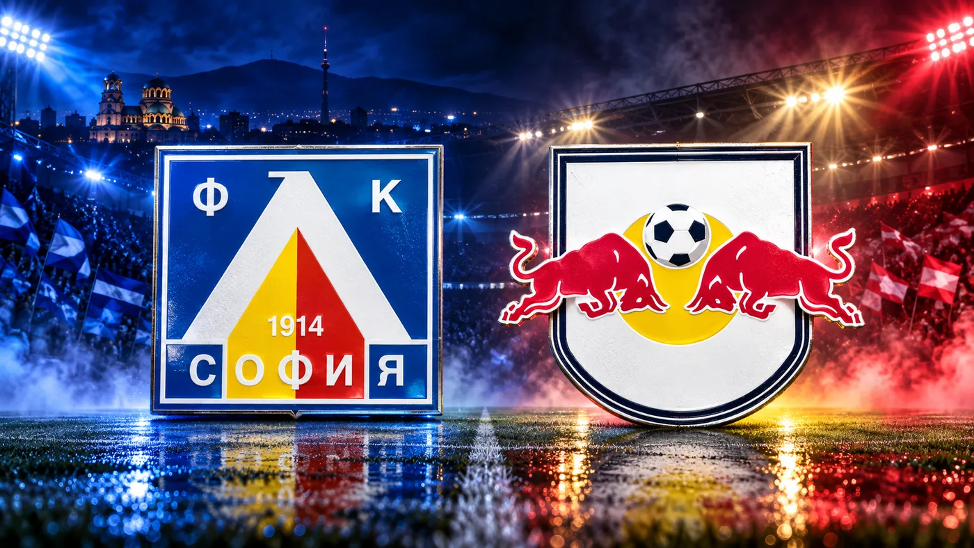 Grbovi Levskog iz Sofije i Salzburga na plavo-crvenoj stadionskoj pozadini