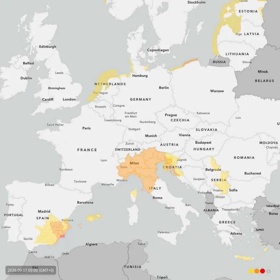 Karta upozorenja Meteoalarma za Europu 17. rujna 2026., s označenim područjima upozorenja u Hrvatskoj