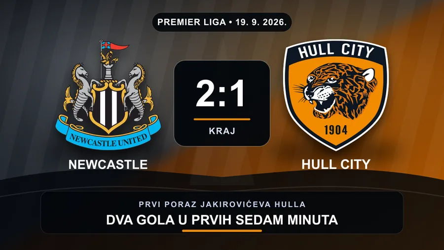 Grbovi Newcastle Uniteda i Hull Cityja uz rezultat 2:1