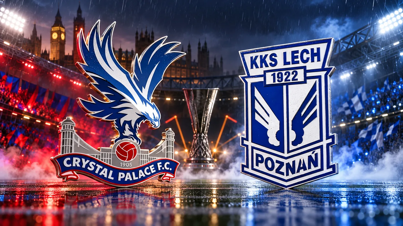 Grbovi Crystal Palacea i Lecha iz Poznanja na kišnoj europskoj stadionskoj pozadini