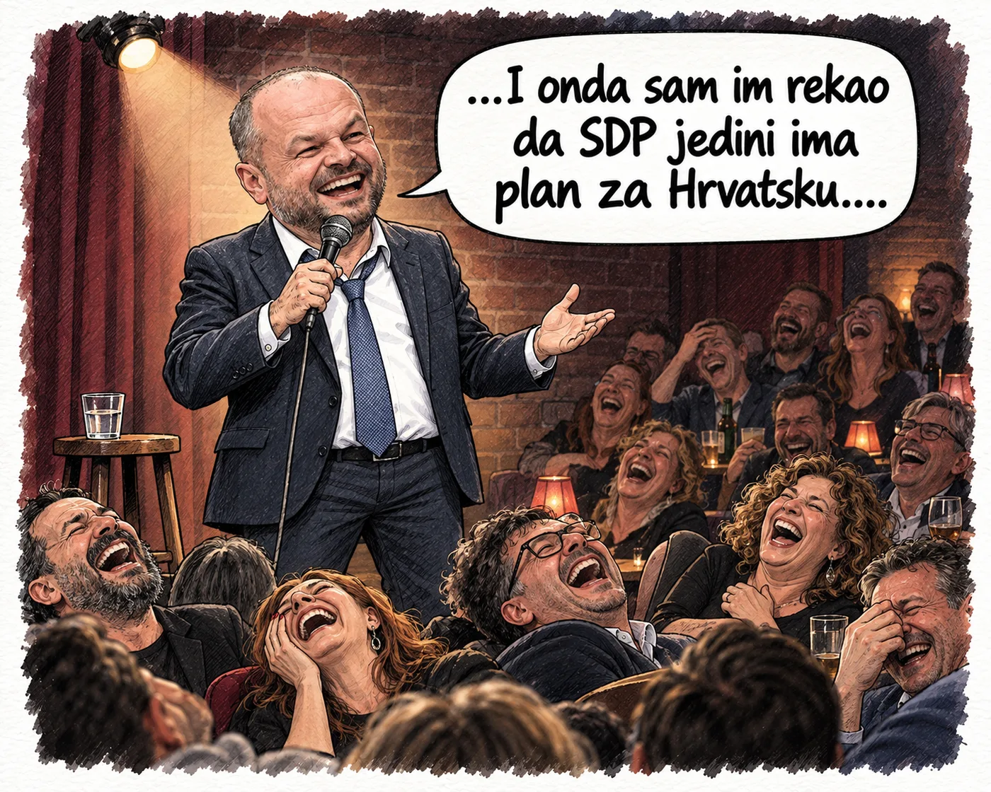 Karikatura Siniše Hajdaša Dončića na pozornici pred publikom koja se smije, uz poruku da SDP jedini ima plan za Hrvatsku