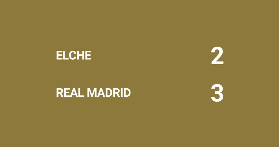 Grafički prikaz rezultata Real Madrid u tijesnoj utakmici pobijedio Elche 3:2 — Carlos Espí zabio kasni pogodak