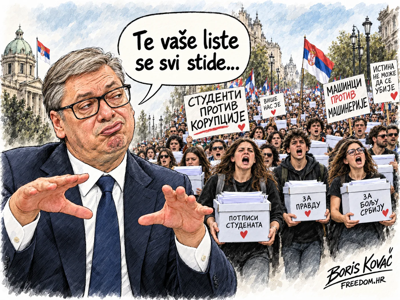 Karikatura Aleksandra Vučića ispred studentskog prosvjeda u Srbiji uz poruku: Te vaše liste se svi stide