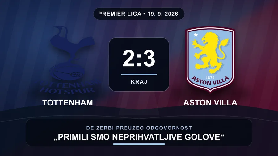 Grbovi Tottenhama i Aston Ville uz rezultat 2:3 i reakciju Roberta De Zerbija