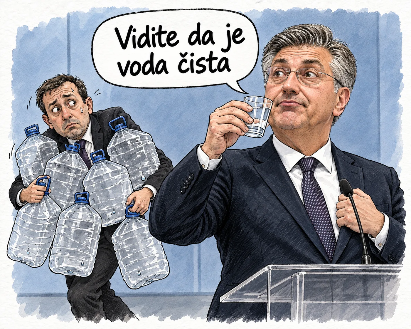 Karikatura Andreja Plenkovića s čašom vode dok muškarac iza njega nosi prazne kanistre, uz poruku: Vidite da je voda čista