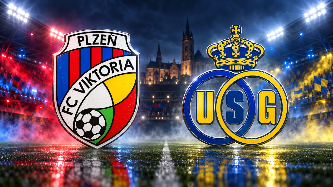 Grbovi Viktorije Plzen i Union Saint-Gilloisea na crveno-plavo-žutoj stadionskoj pozadini