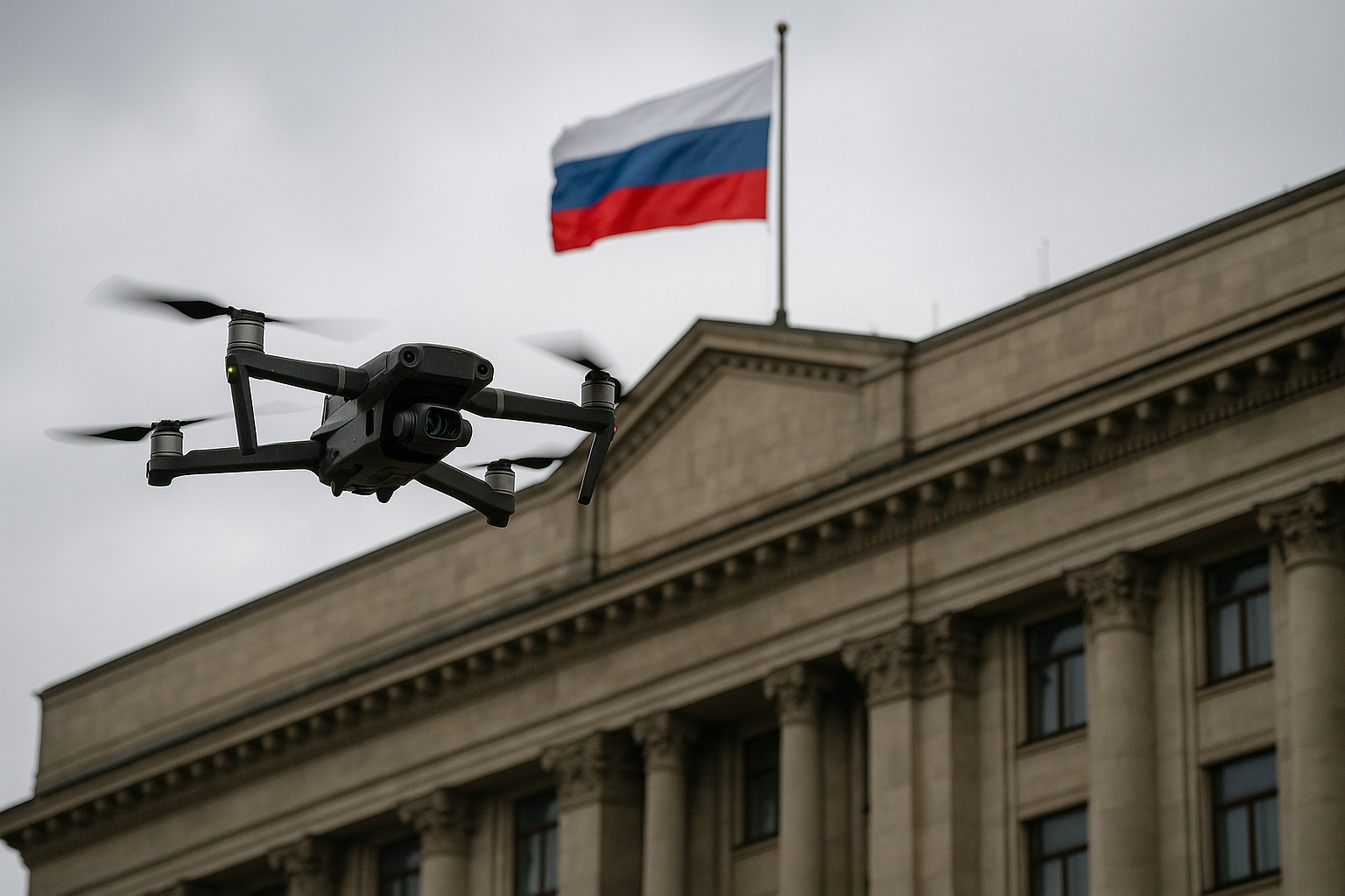 Napravi mi ultrarealističnu, reuters level fotografiju drona koji preleće zgradu s istaknutom ruskom zastavom.